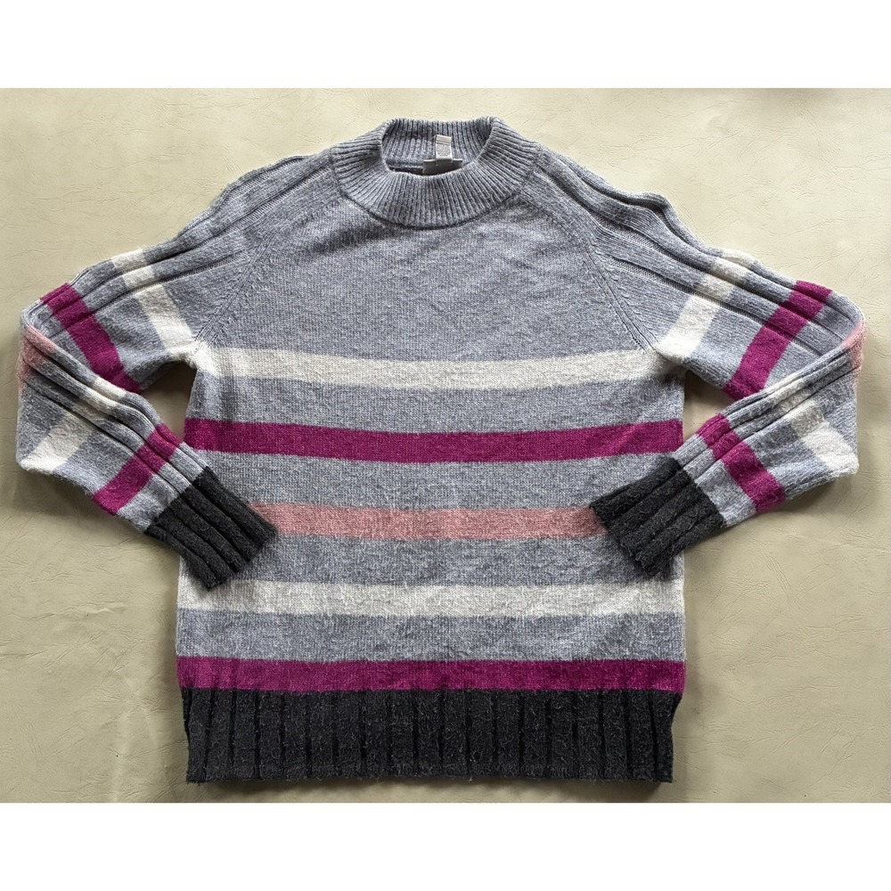 ST. JOHN'S BAY Womens L Sweater Mock Neck Long Sleeve Striped Pullover Gray Pink